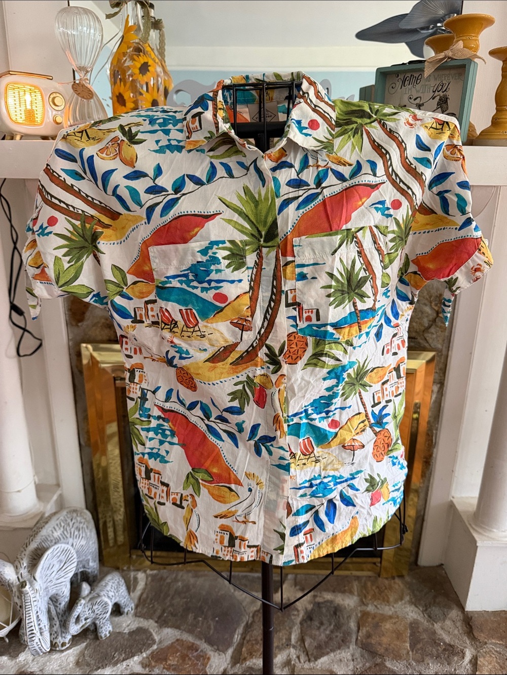St. John's Bay White Button-Down Shirt with Tropical Multicolor Print